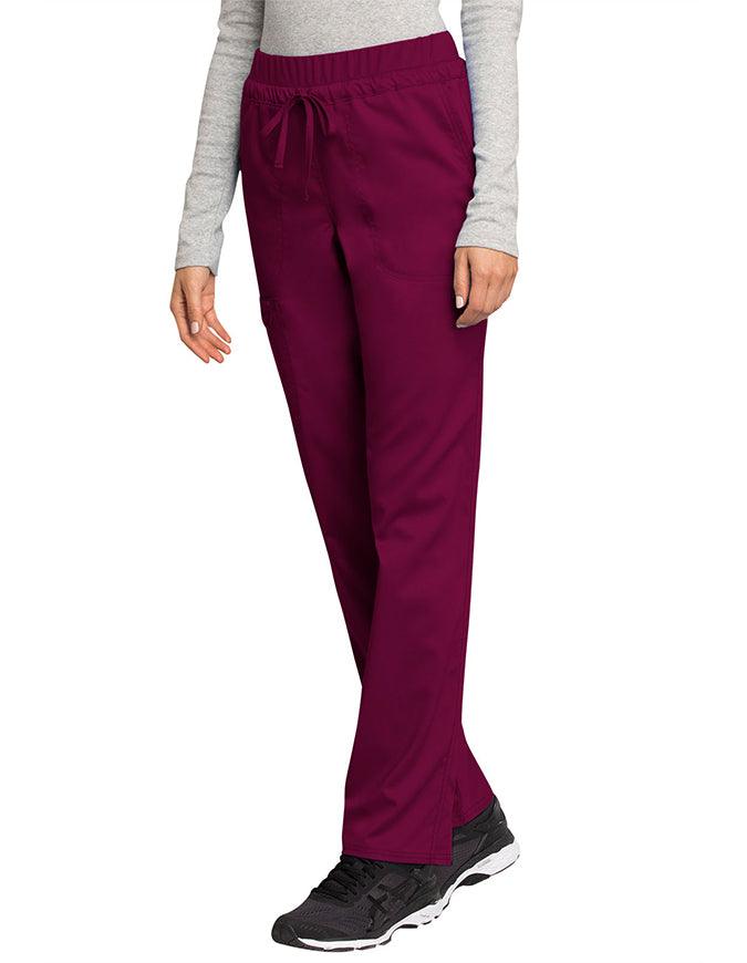 Cherokee Workwear Revolution Women's Mid Rise Tapered Leg Drawstring Petite Pant wine