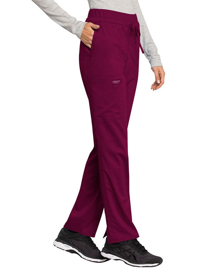 Cherokee Workwear Revolution Women's Mid Rise Tapered Leg Drawstring Petite Pant wine