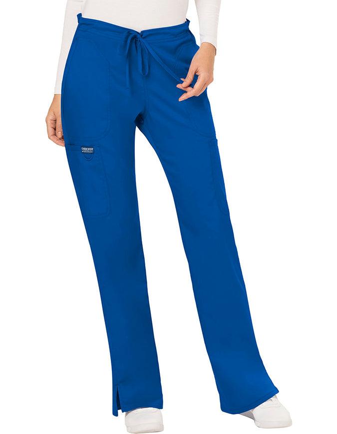 Cherokee Workwear Revolution Womens Mid Rise Moderate Flare Drawstring Petite Pant - Royal