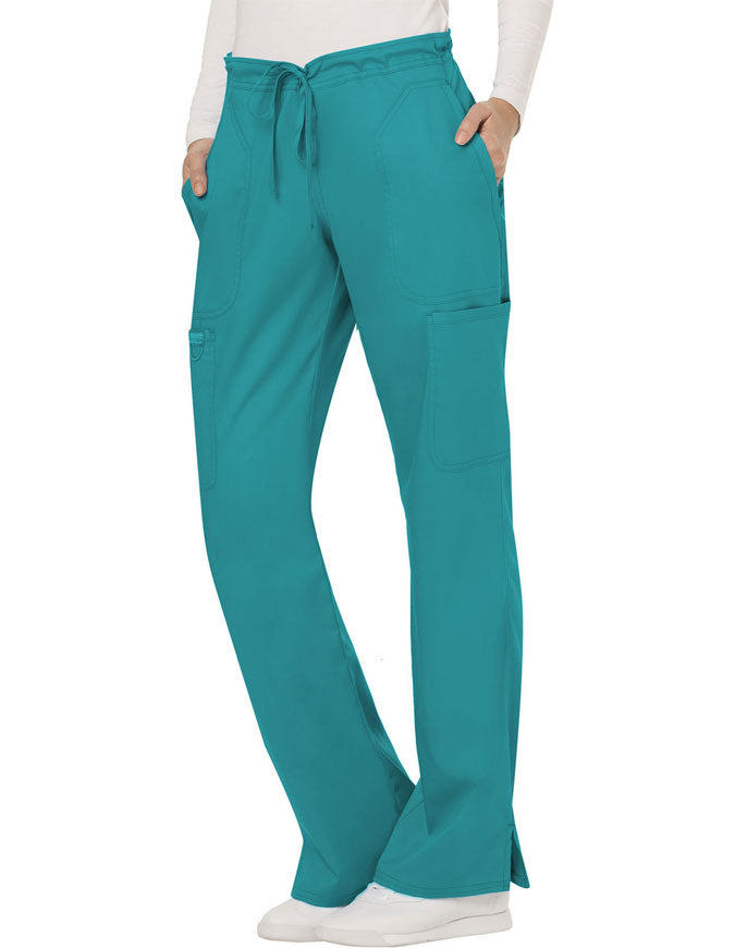 Cherokee Workwear Revolution Womens Mid Rise Moderate Flare Drawstring Pant - Teal Blue