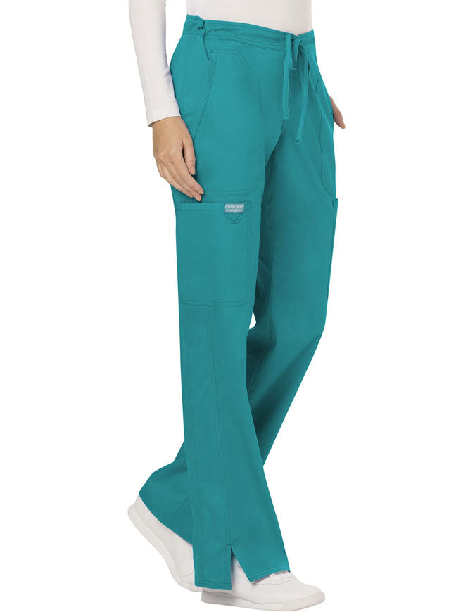 Cherokee Workwear Revolution Womens Mid Rise Moderate Flare Drawstring Pant - Teal Blue