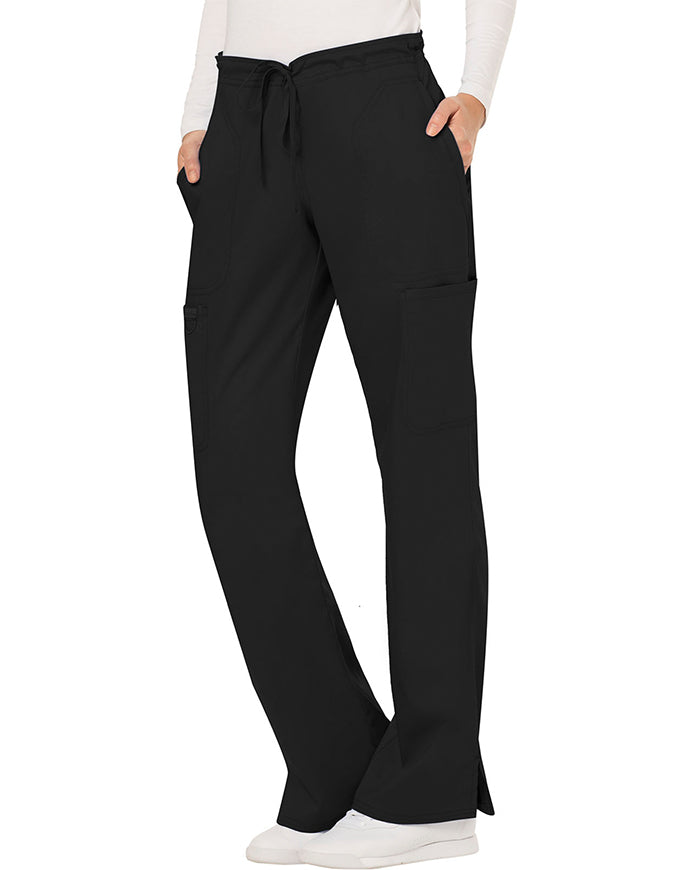 Cherokee Workwear Revolution Womens Mid Rise Moderate Flare Drawstring Pant - Black