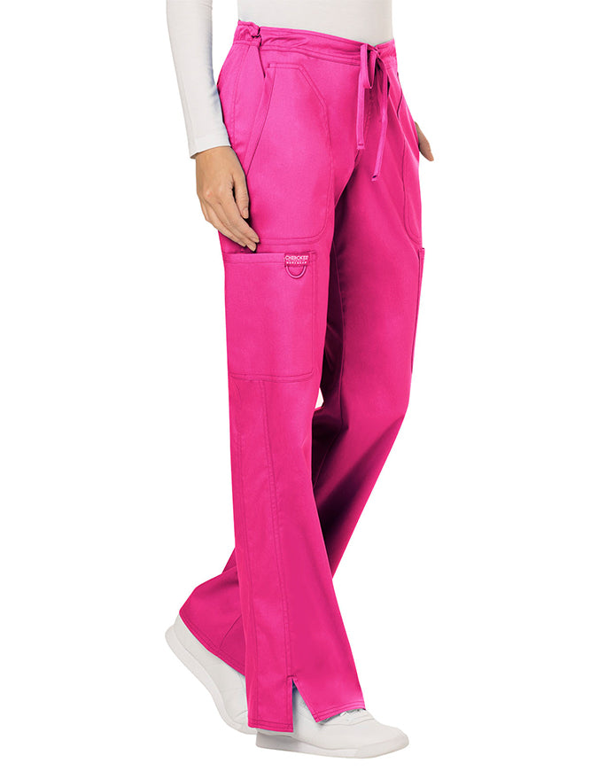 Cherokee Workwear Revolution Womens Mid Rise Moderate Flare Drawstring Pant - Electric Pink