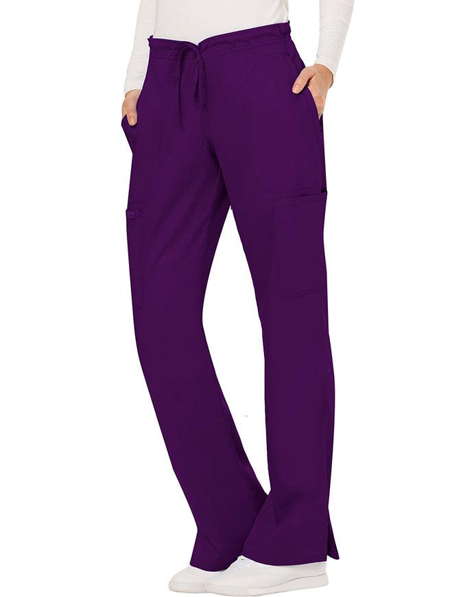 Cherokee Workwear Revolution Womens Mid Rise Moderate Flare Drawstring Petite Pant - Eggplant