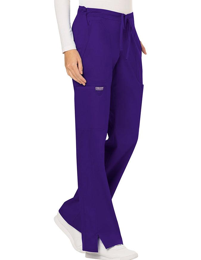 Cherokee Workwear Revolution Womens Mid Rise Moderate Flare Drawstring Petite Pant - Grape