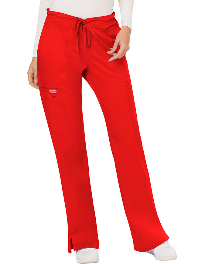 Cherokee Workwear Revolution Womens Mid Rise Moderate Flare Drawstring Pant - Red