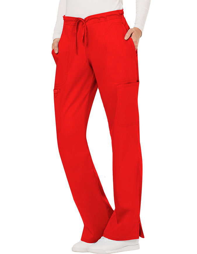 Cherokee Workwear Revolution Womens Mid Rise Moderate Flare Drawstring Pant - Red