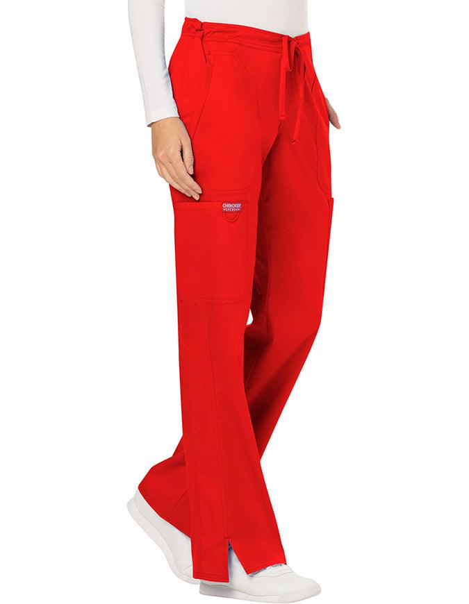 Cherokee Workwear Revolution Womens Mid Rise Moderate Flare Drawstring Petite Pant - Red