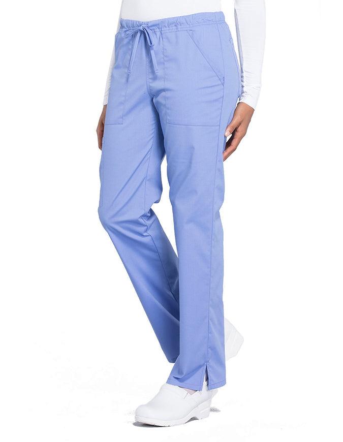 Cherokee Workwear Professionals Women's Drawstring Mid Rise Straight Leg Petite Pant - Ciel Blue