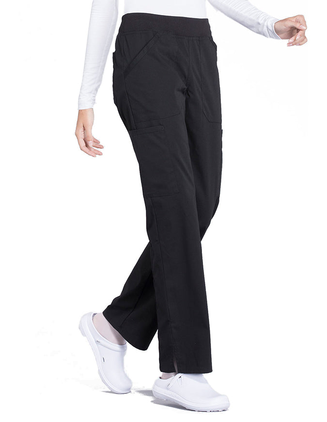 Cherokee Workwear Professionals Women's Elastic Waist Mid Rise Straight Leg Pull-on Cargo Pant Black