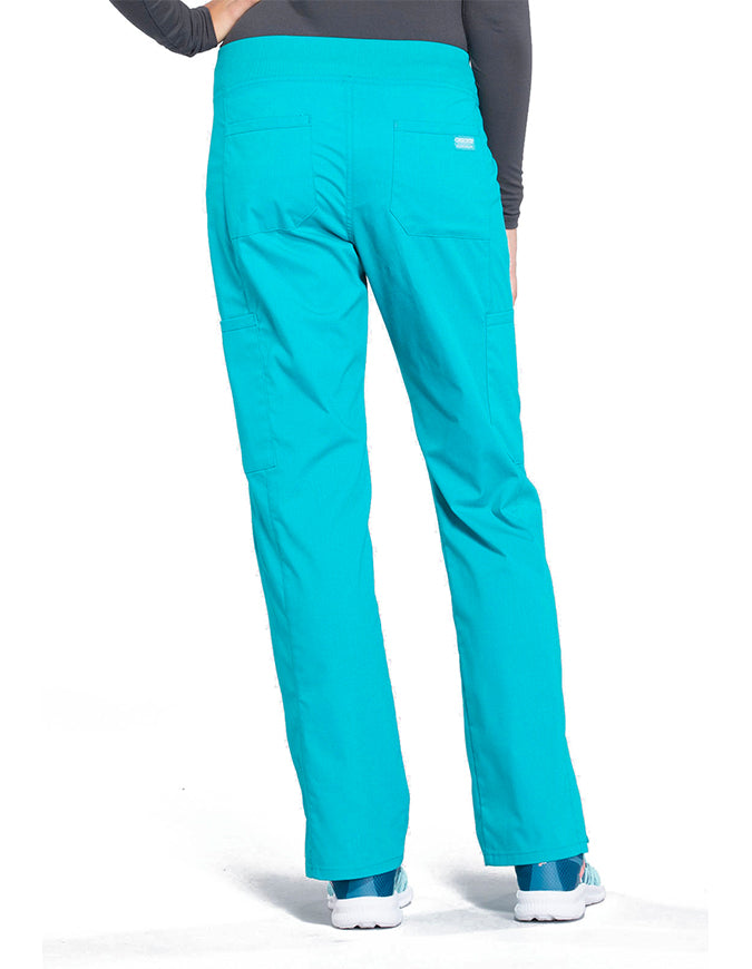 Cherokee Workwear Professionals Women's Elastic Waist Mid Rise Straight Leg Pull-on Cargo Pant Teal Blue