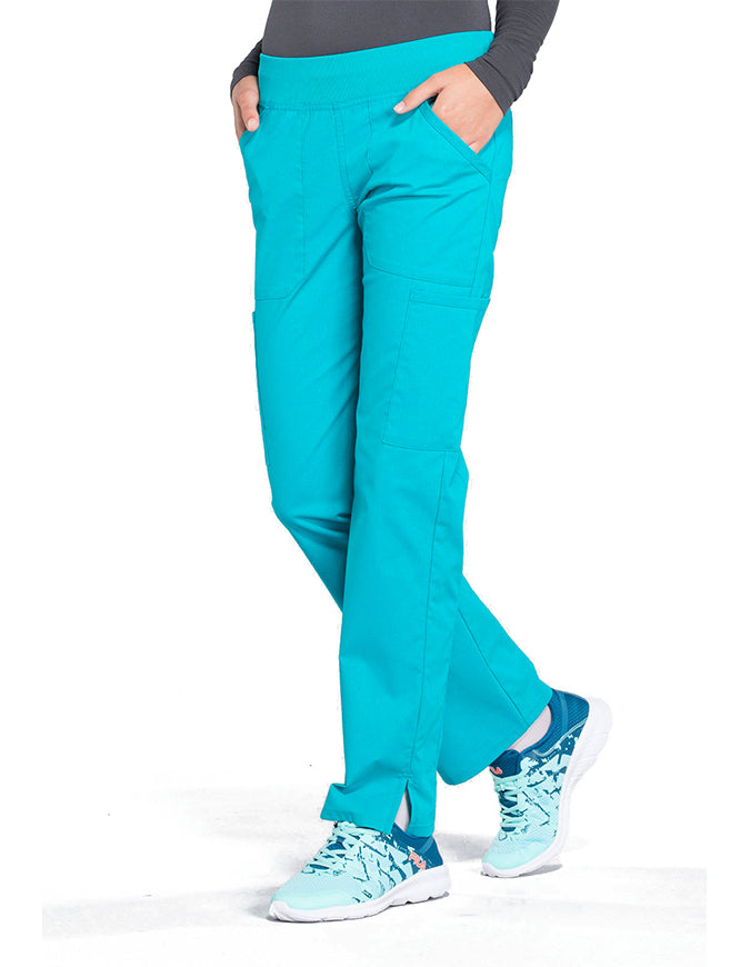 Cherokee Workwear Professionals Women's Elastic Waist Mid Rise Straight Leg Pull-on Cargo Pant Teal Blue.