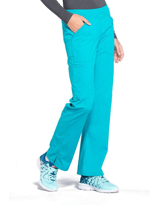 Cherokee Workwear Professionals Women's Elastic Waist Mid Rise Straight Leg Pull-on Cargo Pant Teal Blue