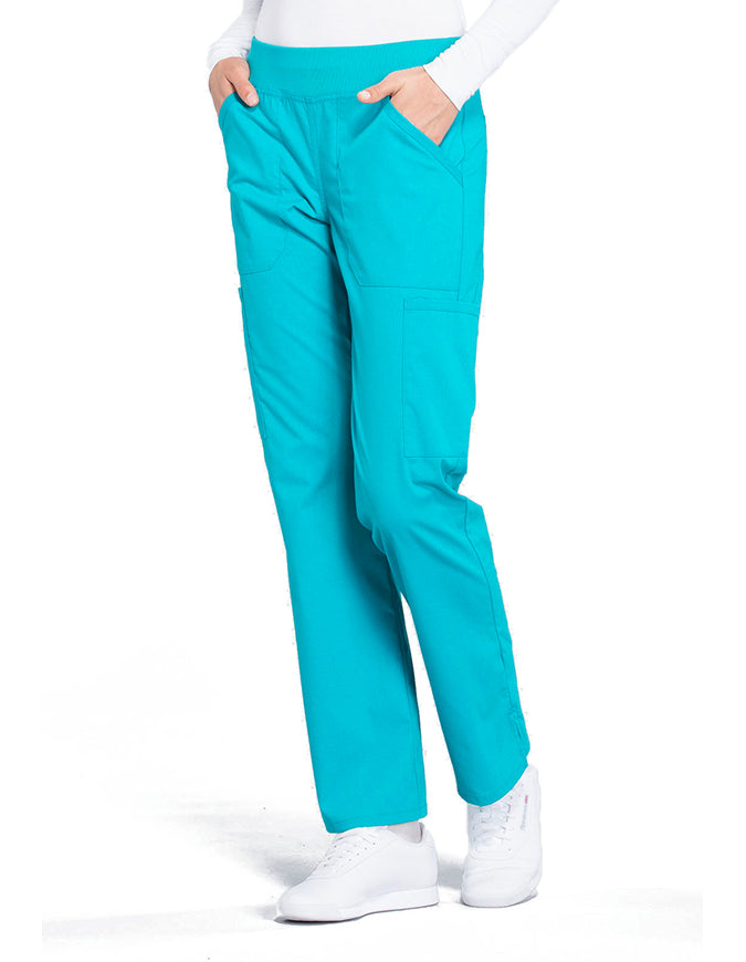 Cherokee Workwear Professionals Women's Elastic Waist Mid Rise Straight Leg Pull-on Cargo Pant Turquoise