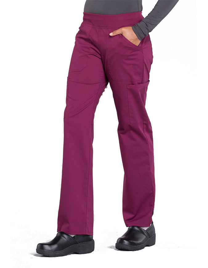 Cherokee Workwear Professionals Women's Elastic Waist Mid Rise Straight Leg Pull-on Cargo Pant Wine