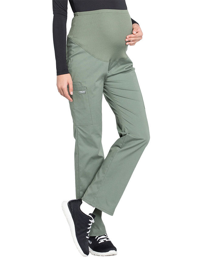 Cherokee Workwear Professionals Maternity Knit Waist Straight Leg Petite Pant Olive