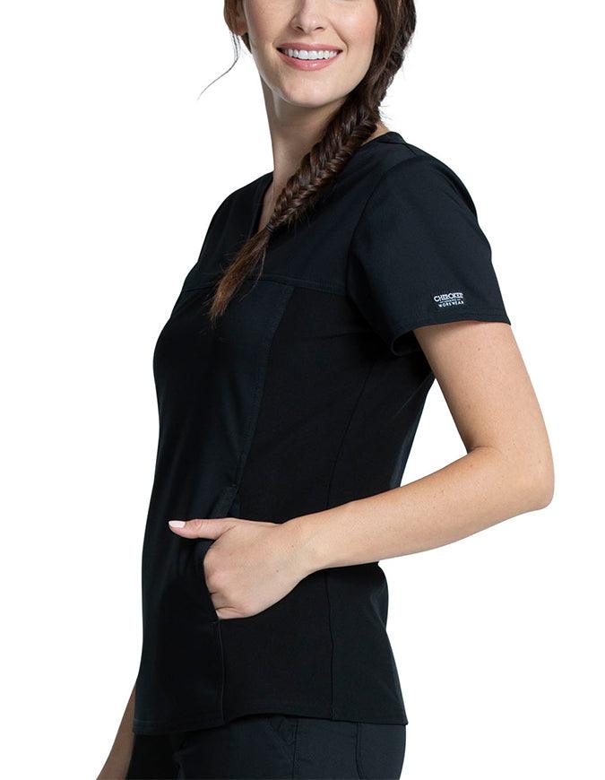 Cherokee Workwear Revolution Women's V-Neck Knit Panel Top - Black