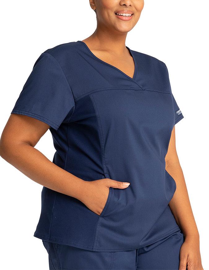 Cherokee Workwear Revolution Women's V-Neck Knit Panel Top - Navy