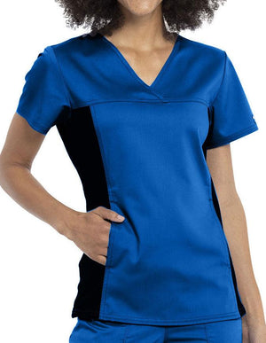 Cherokee Workwear Revolution Women's V-Neck Knit Panel Top - Royal