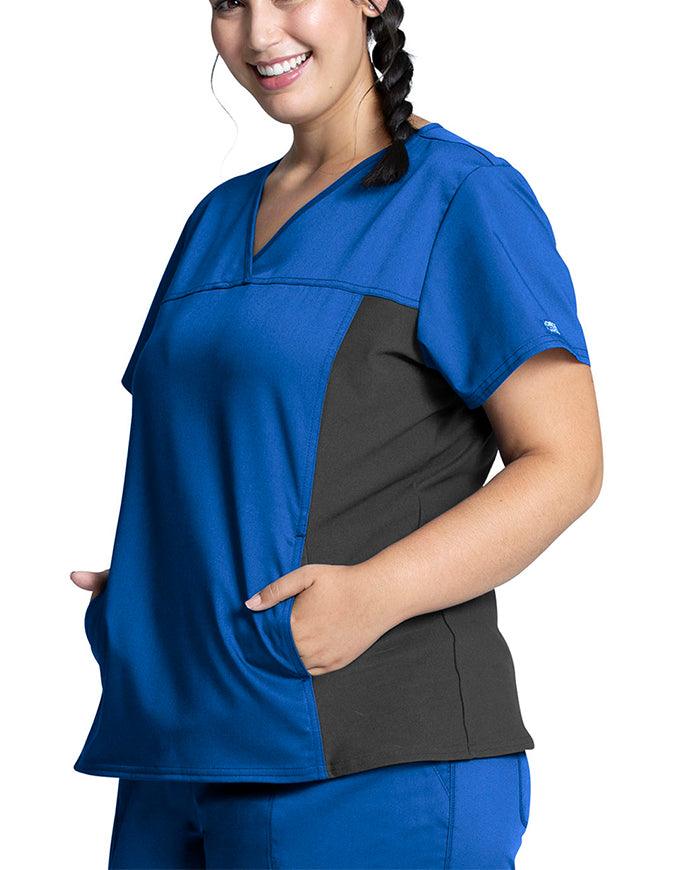 Cherokee Workwear Revolution Women's V-Neck Knit Panel Top - Royal