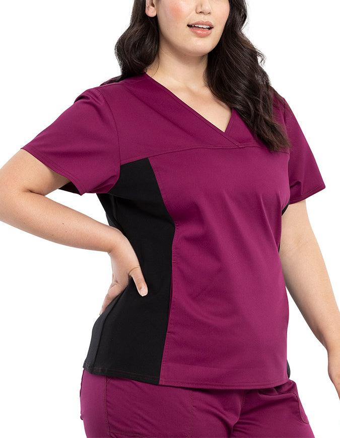 Cherokee Workwear Revolution Women's V-Neck Knit Panel Top - Wine