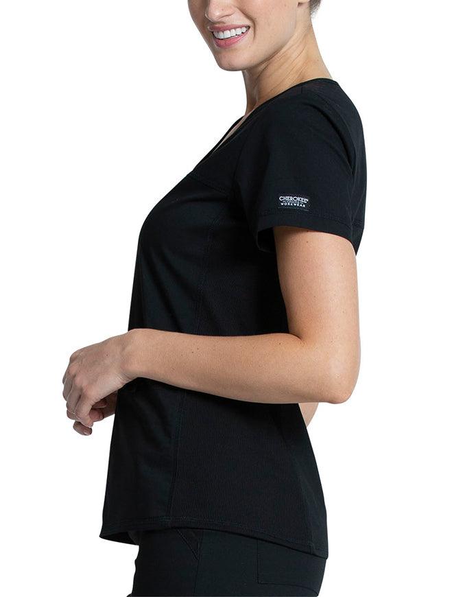 Cherokee Workwear Professionals Women's V-Neck Knit Panel Top Black