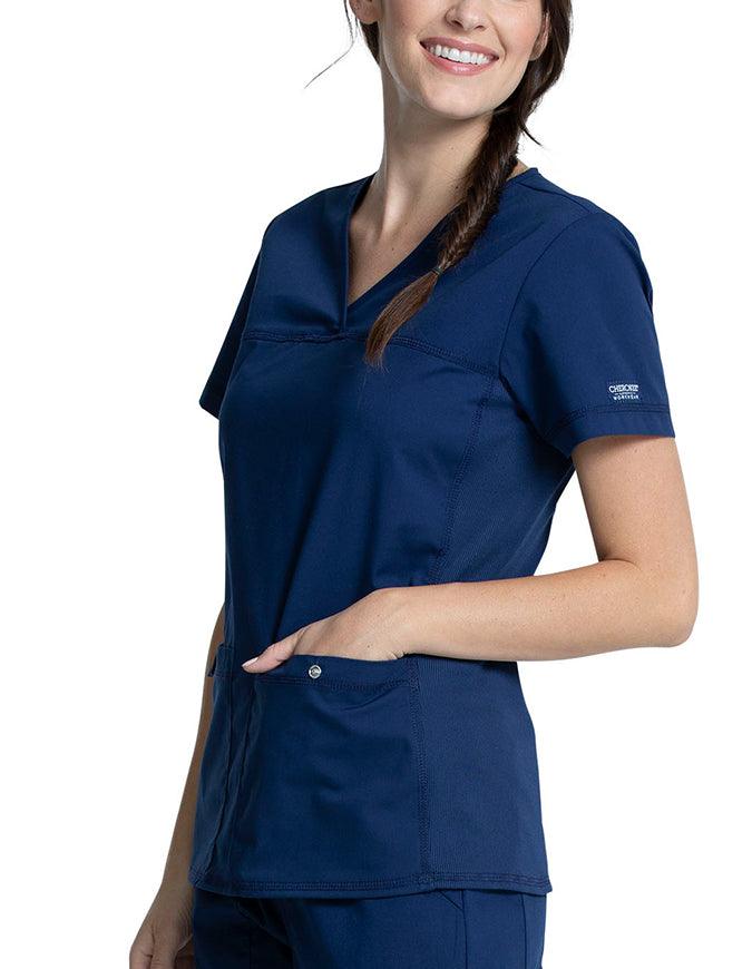 Cherokee Workwear Professionals Women's V-Neck Knit Panel Top Navy