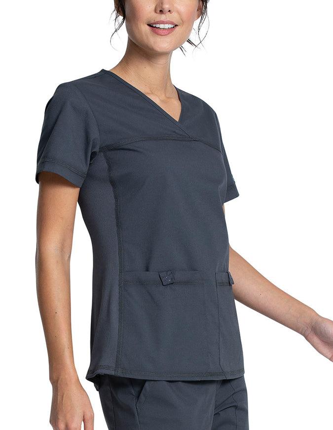 Cherokee Workwear Professionals Women's V-Neck Knit Panel Top Pewter