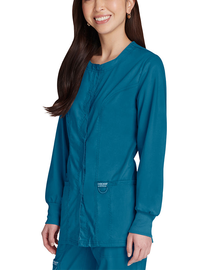 Cherokee Workwear Revolution Womens Snap Front Warm-up Jacket - Caribbean Blue