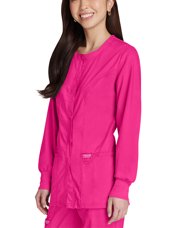 Cherokee Workwear Revolution Womens Snap Front Warm-up Jacket - Electric Pink