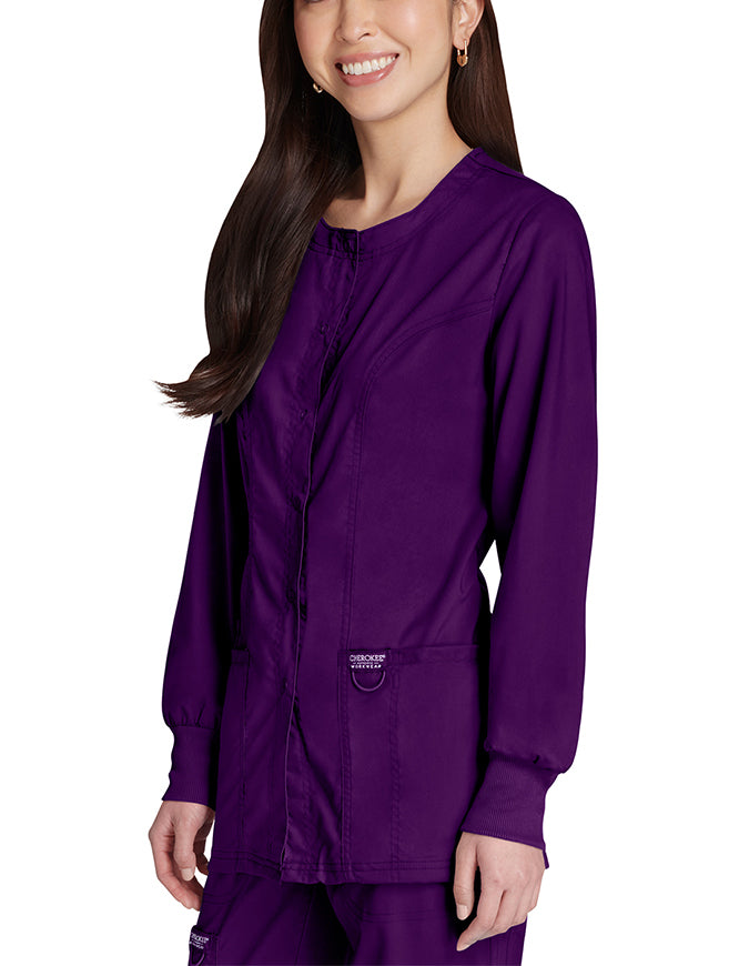 Cherokee Workwear Revolution Womens Snap Front Warm-up Jacket - Eggplant