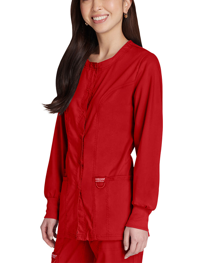 Cherokee Workwear Revolution Womens Snap Front Warm-up Jacket - Red