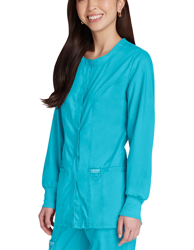 Cherokee Workwear Revolution Womens Snap Front Warm-up Jacket - Turquoise