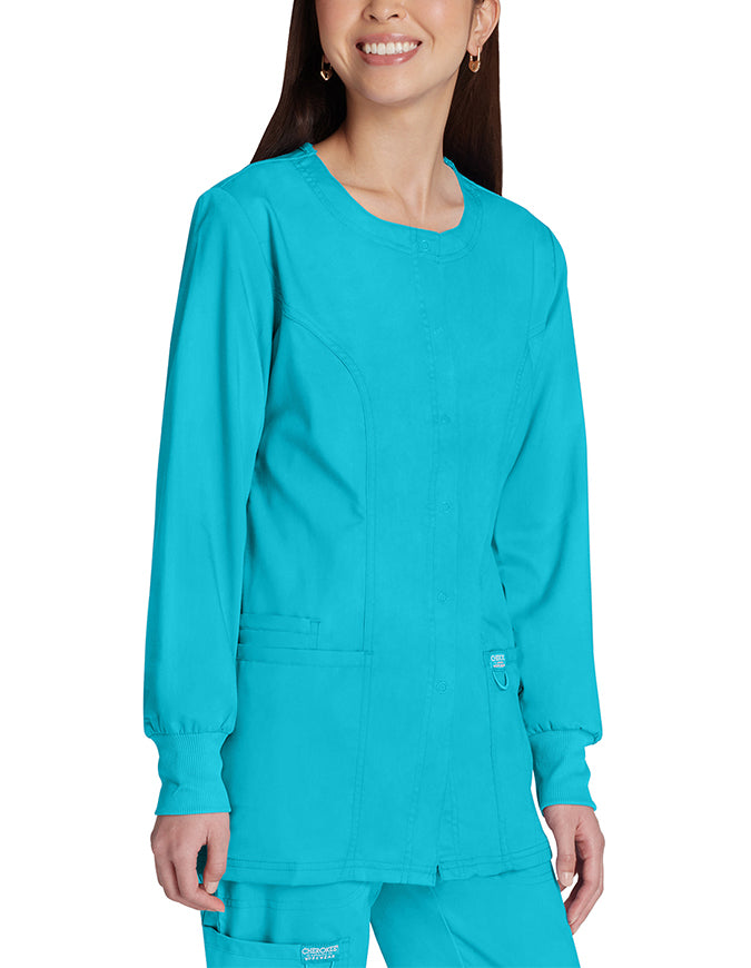 Cherokee Workwear Revolution Womens Snap Front Warm-up Jacket - Turquoise