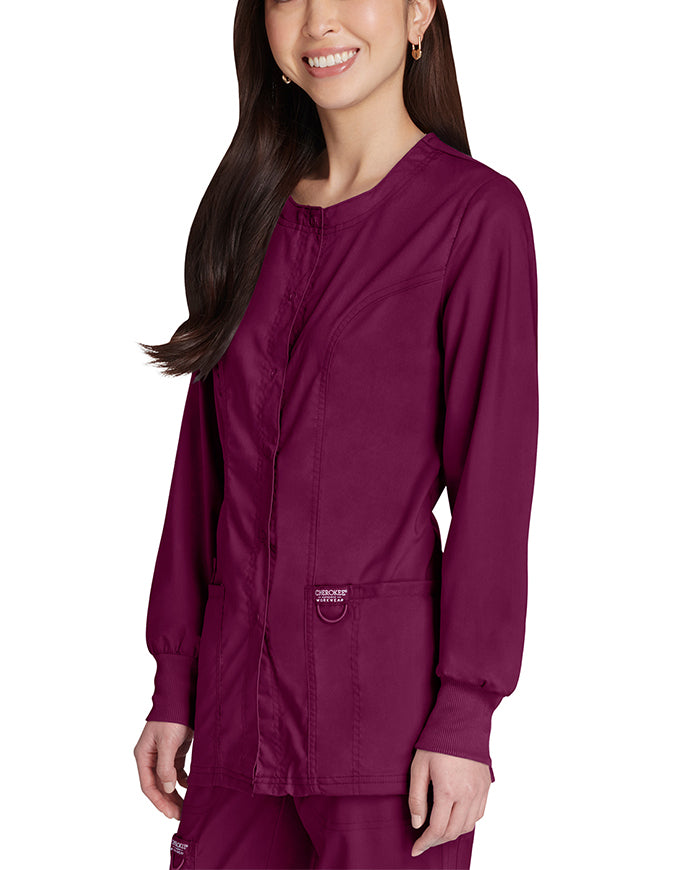 Cherokee Workwear Revolution Womens Snap Front Warm-up Jacket - Wine