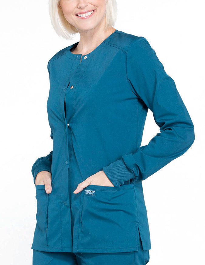 Cherokee Workwear Professionals Women's Snap Front Warm Up Jacket - Caribbean Blue