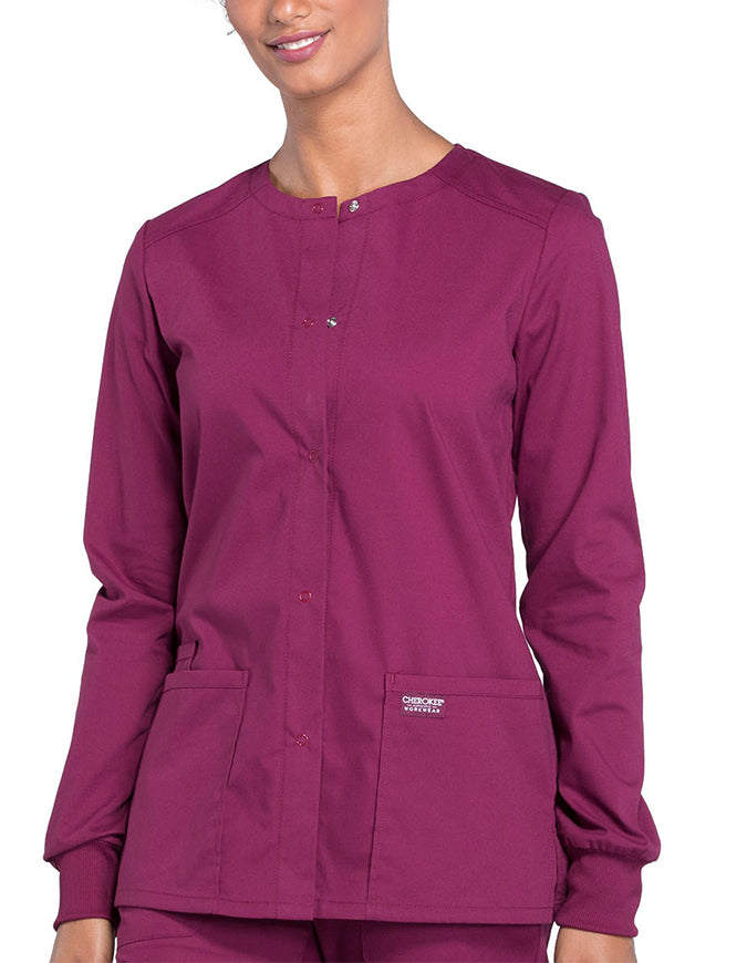 Cherokee Workwear Professionals Women's Snap Front Warm Up Jacket - Wine