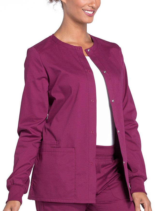 Cherokee Workwear Professionals Women's Snap Front Warm Up Jacket - Wine