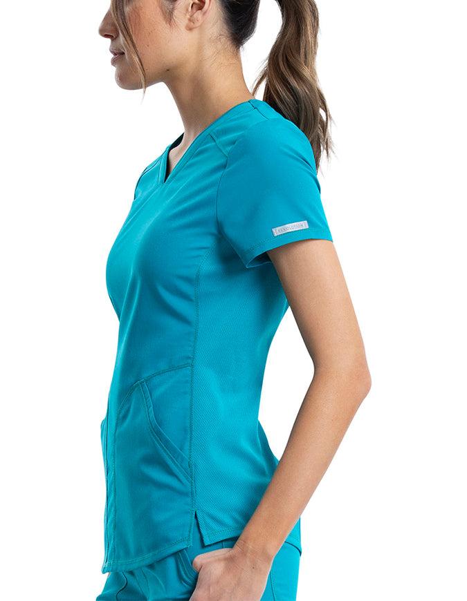 Cherokee Workwear Revolution Women's Soft Shaped V-Neck Top Teal Blue