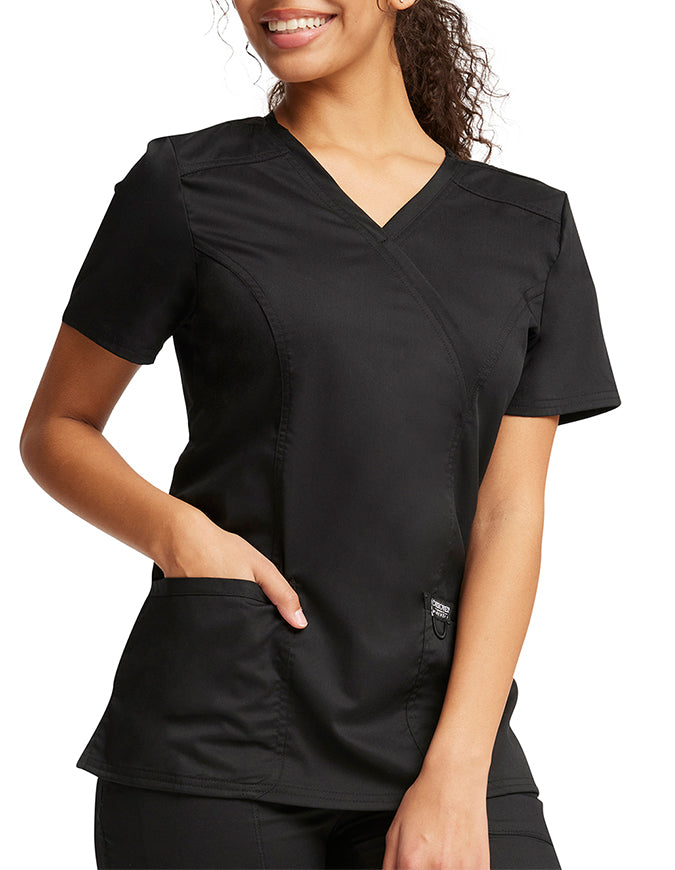 Cherokee Workwear Revolution Womens Mock Wrap Top - Black