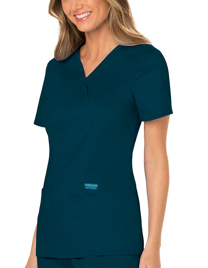 Cherokee Workwear Revolution Womens Mock Wrap Top - Caribbean Blue