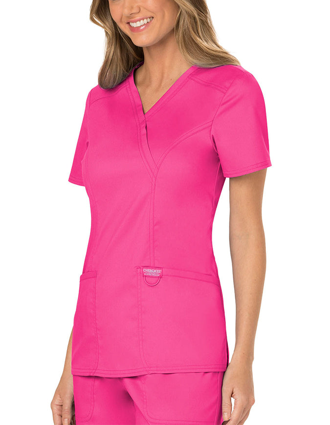 Cherokee Workwear Revolution Womens Mock Wrap Top - Electric Pink