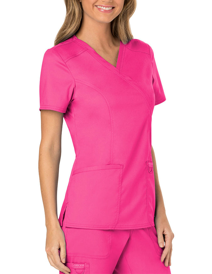 Cherokee Workwear Revolution Womens Mock Wrap Top - Electric Pink