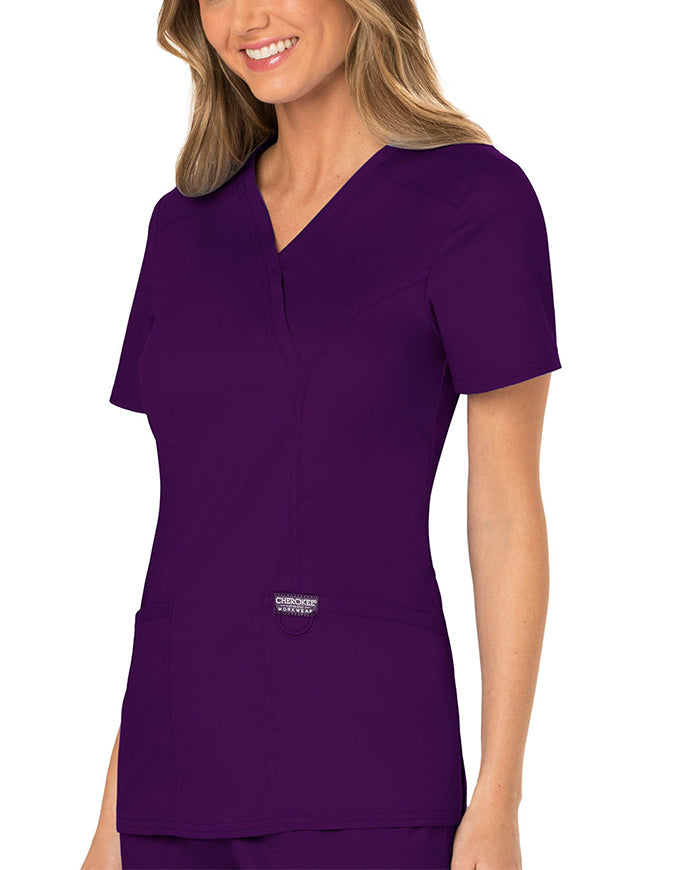 Cherokee Workwear Revolution Womens Mock Wrap Top - Grape