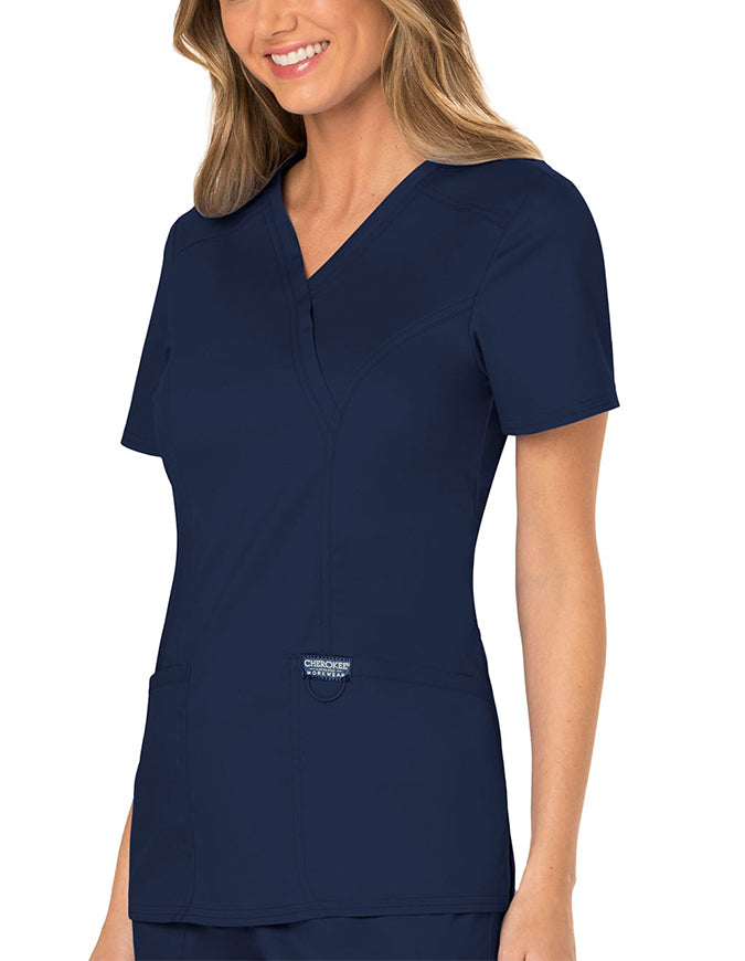 Cherokee Workwear Revolution Womens Mock Wrap Top - Navy