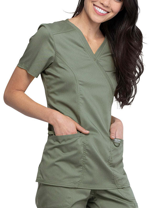 Cherokee Workwear Revolution Womens Mock Wrap Top - Olive