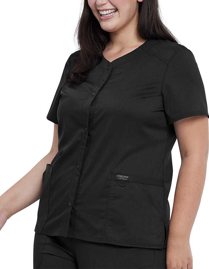 Cherokee Workwear Revolution Women's Snap Front V-Neck Top - Black