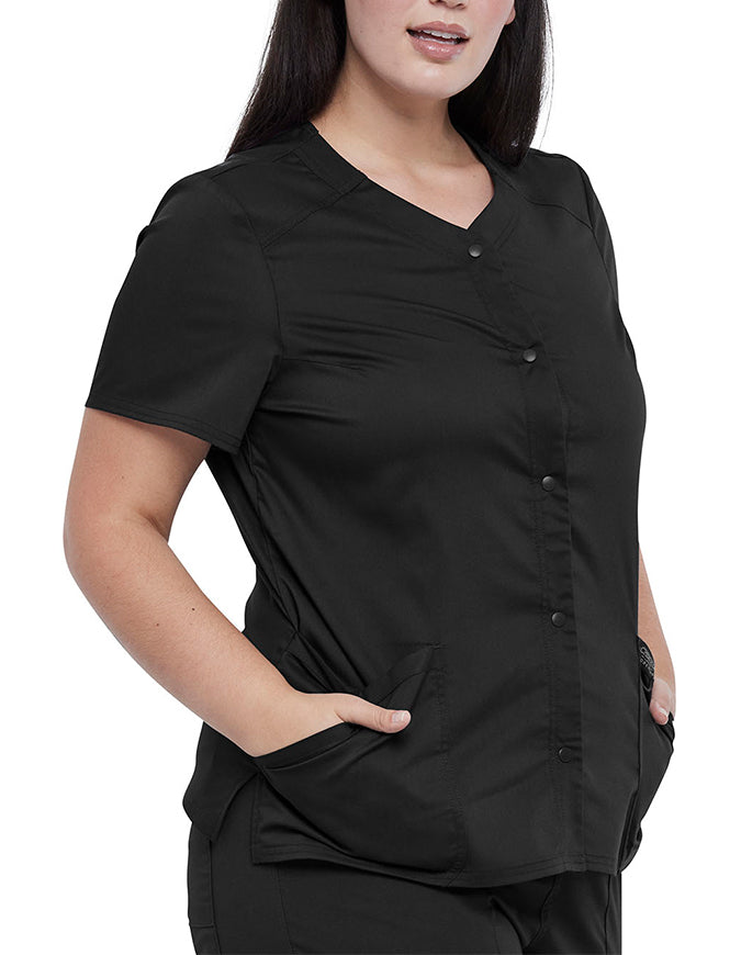 Cherokee Workwear Revolution Women's Snap Front V-Neck Top - Black