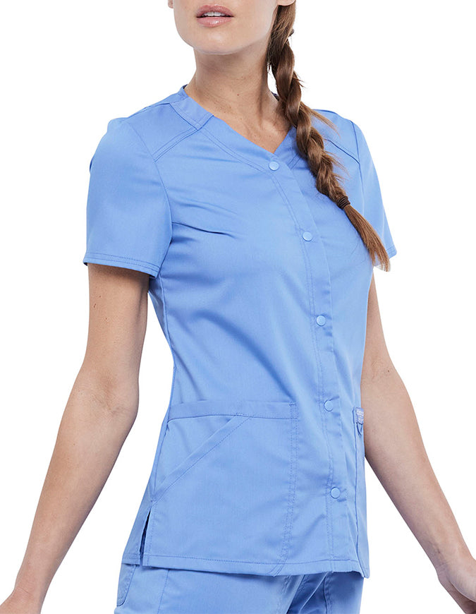 Cherokee Workwear Revolution Women's Snap Front V-Neck Top - Ciel Blue