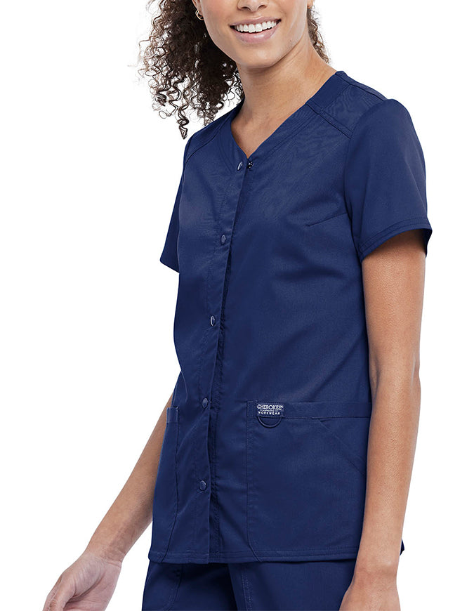 Cherokee Workwear Revolution Women's Snap Front V-Neck Top - Navy